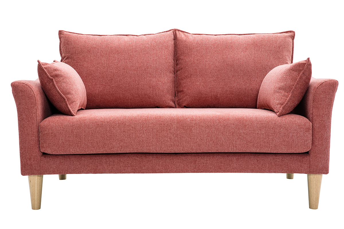 Sofá nórdico 2 plazas de tejido efecto aterciopelado texturizado terracota y madera clara KATE