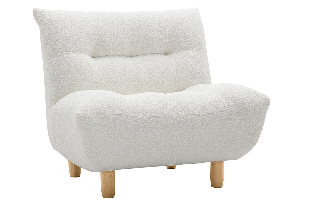 Skandinavischer Sessel aus weißem Stoff mit Bouclé-Wolleffekt und hellem Holz YUMI
