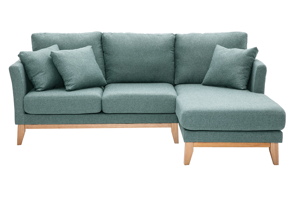 Canapé d'angle droit déhoussable scandinave 4 places en tissu vert de gris et bois clair OSLO