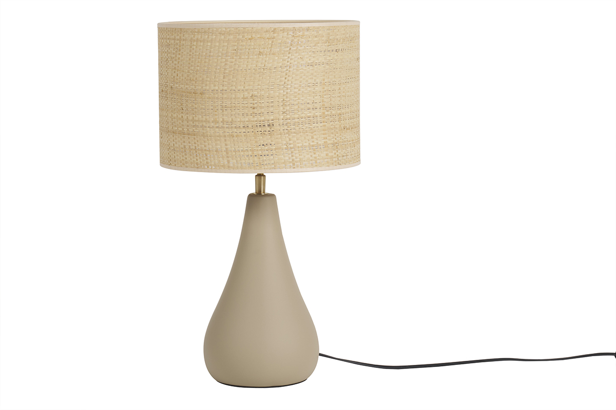 Lampe à poser taupe en céramique mate et abat-jour en raphia H49 cm PYRUS