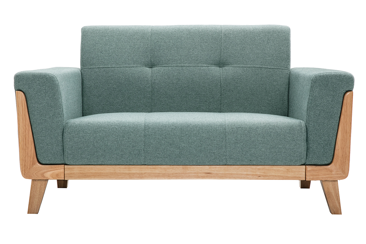 Canapé scandinave 2 places en tissu vert de gris et bois clair FJORD