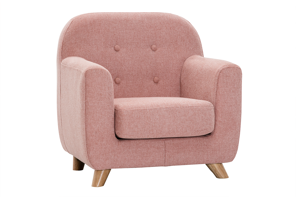 Fauteuil enfant scandinave en tissu effet velours texturé rose et bois clair NORKID