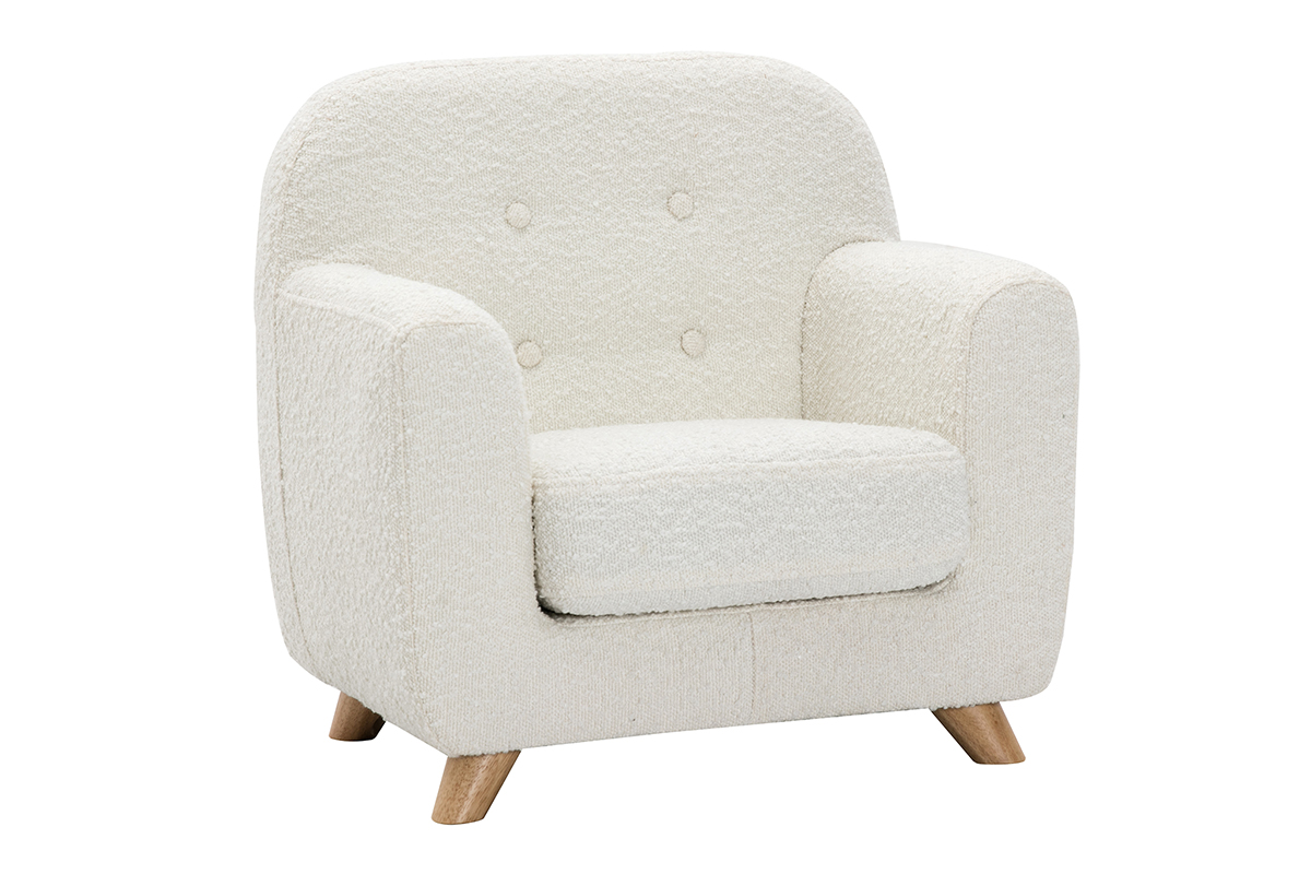 Fauteuil enfant scandinave en tissu effet laine bouclée blanc et bois clair NORKID