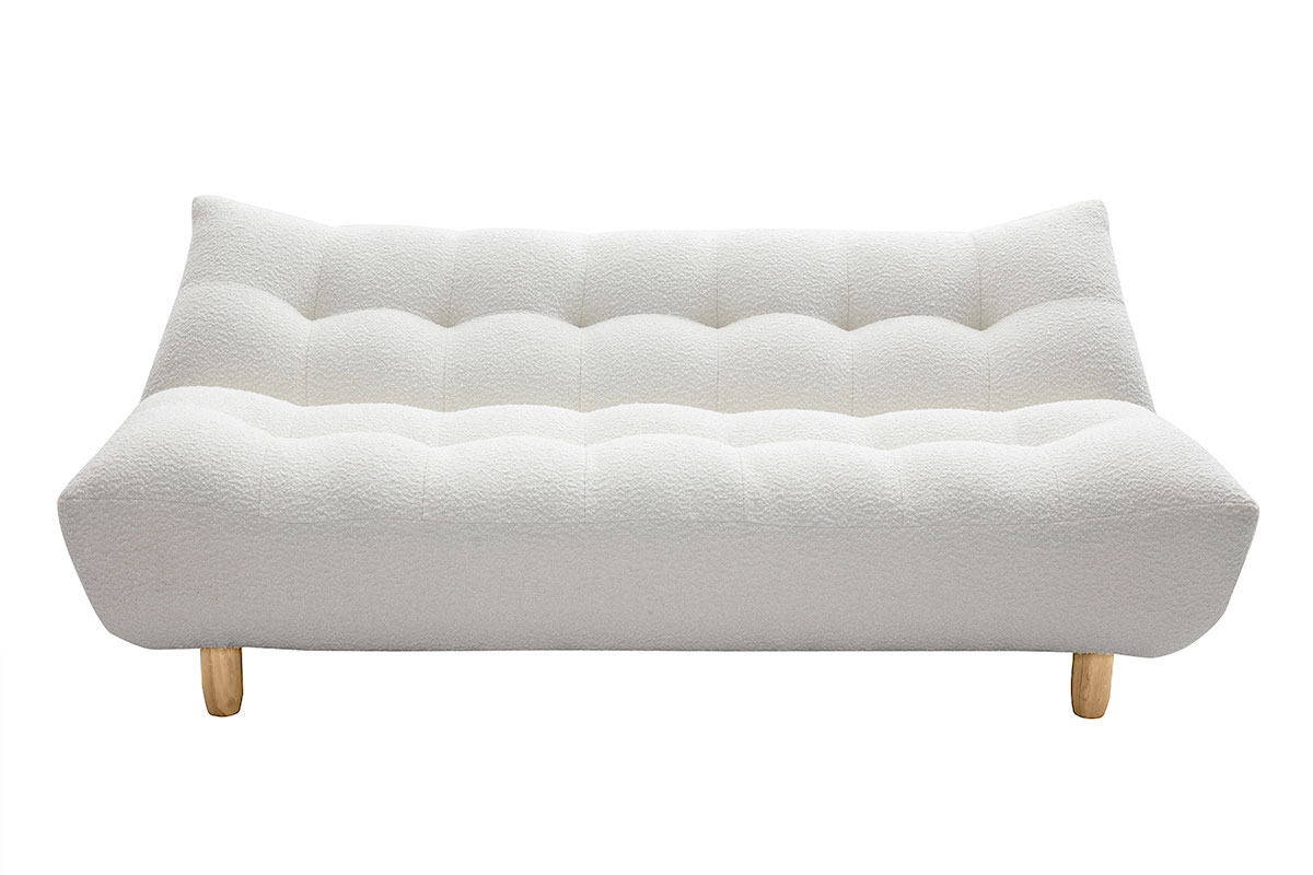 Canapé convertible scandinave 3 places en tissu effet laine bouclée blanc et bois clair YUMI