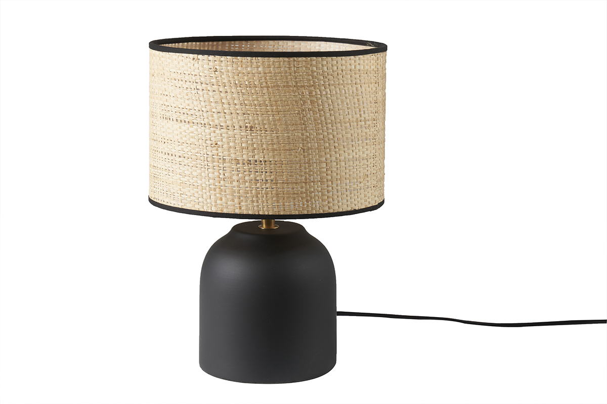 Lampe à poser noire en céramique mate et abat-jour en raphia H35 cm ROCHA