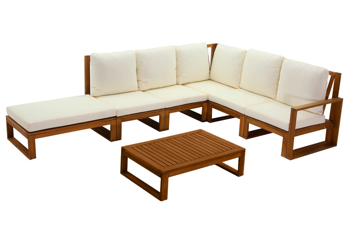 Salon de jardin d'angle 6-8 places en bois massif avec coussins déhoussables beige naturel SALSA