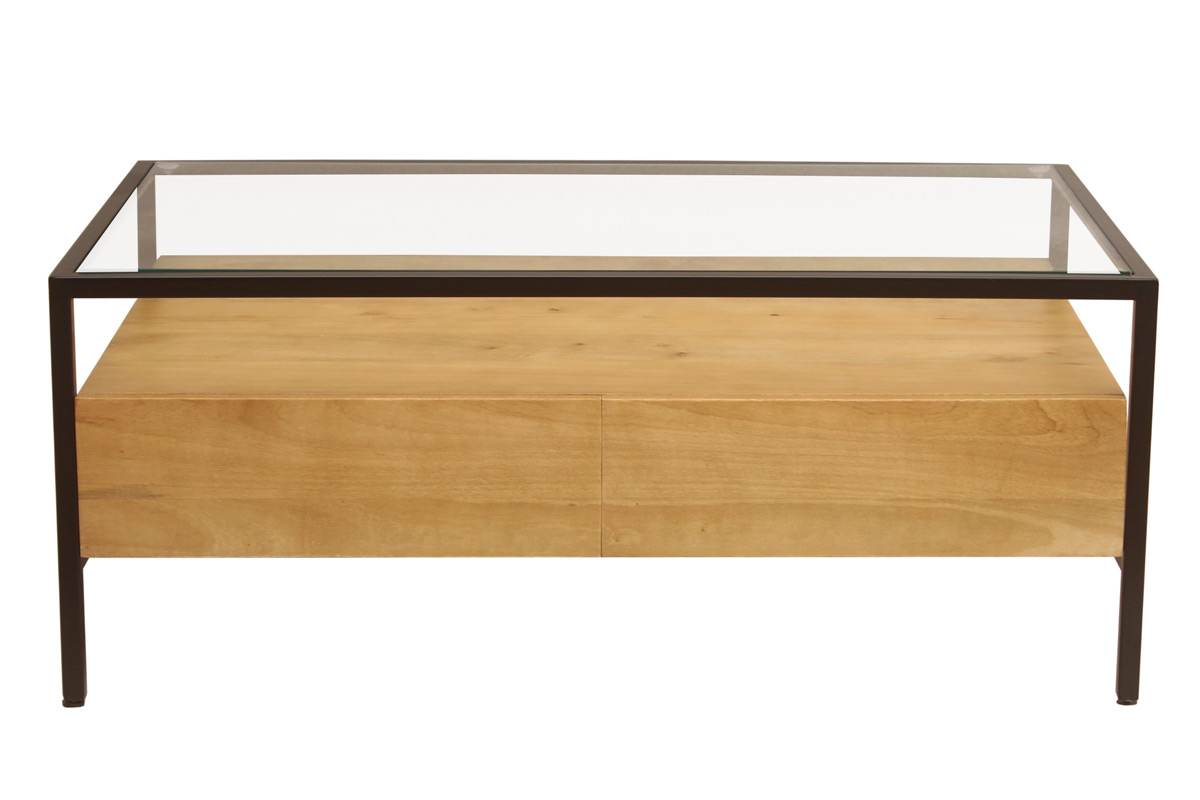 Table basse rectangulaire avec rangements en bois manguier massif, verre et métal noir L100 cm SITA