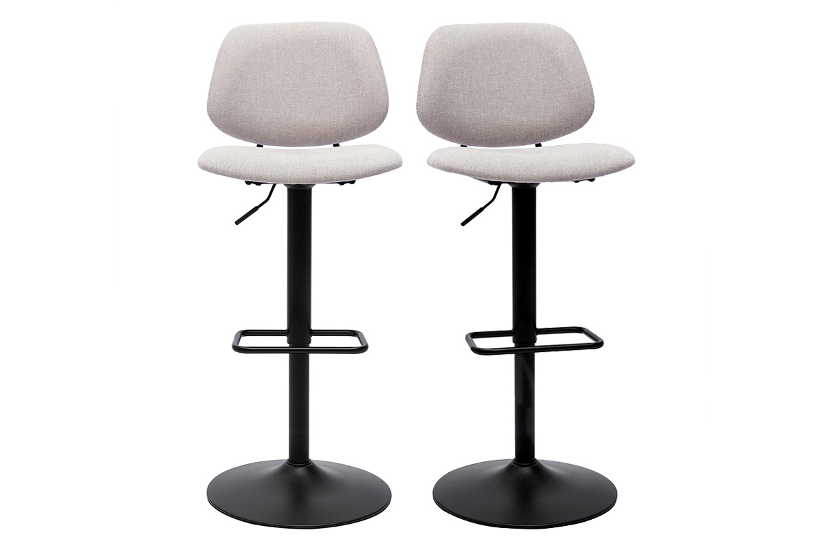 Tabourets de bar relevables design en tissu effet velours beige et métal noir BARNET (lot de 2)