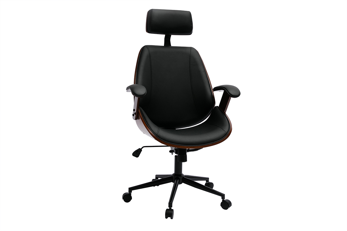 Fauteuil de bureau de direction design noir, bois foncé et métal noir MUSK