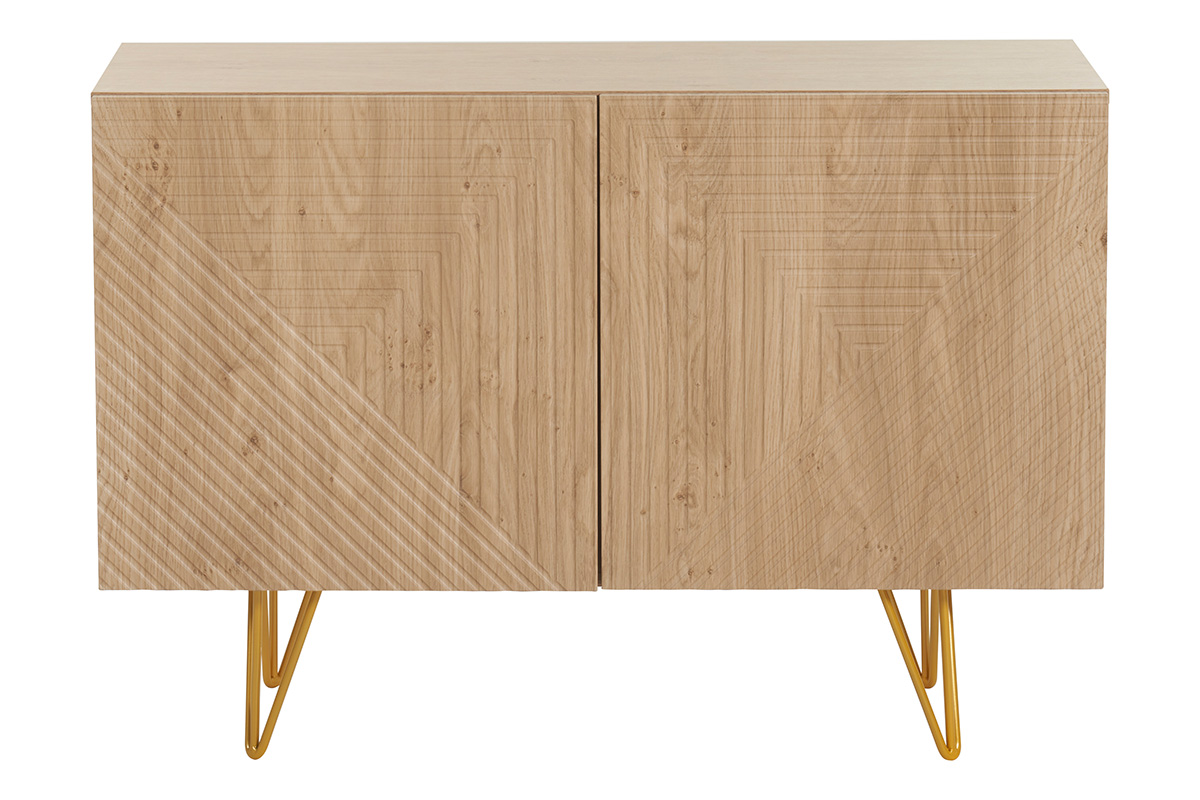 Buffet design gravé finition bois clair chêne et métal doré 2 portes L107 cm OZEN