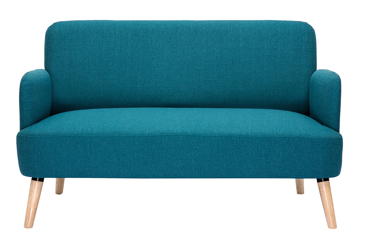 Canapé scandinave 2 places en tissu bleu canard et bois clair ISKO
