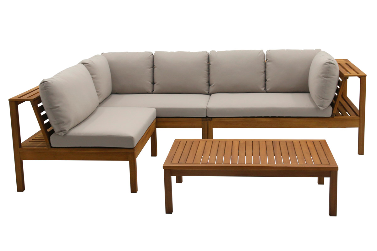 Salon de jardin d'angle 6 places en bois massif avec coussins déhoussables taupe BELIZE