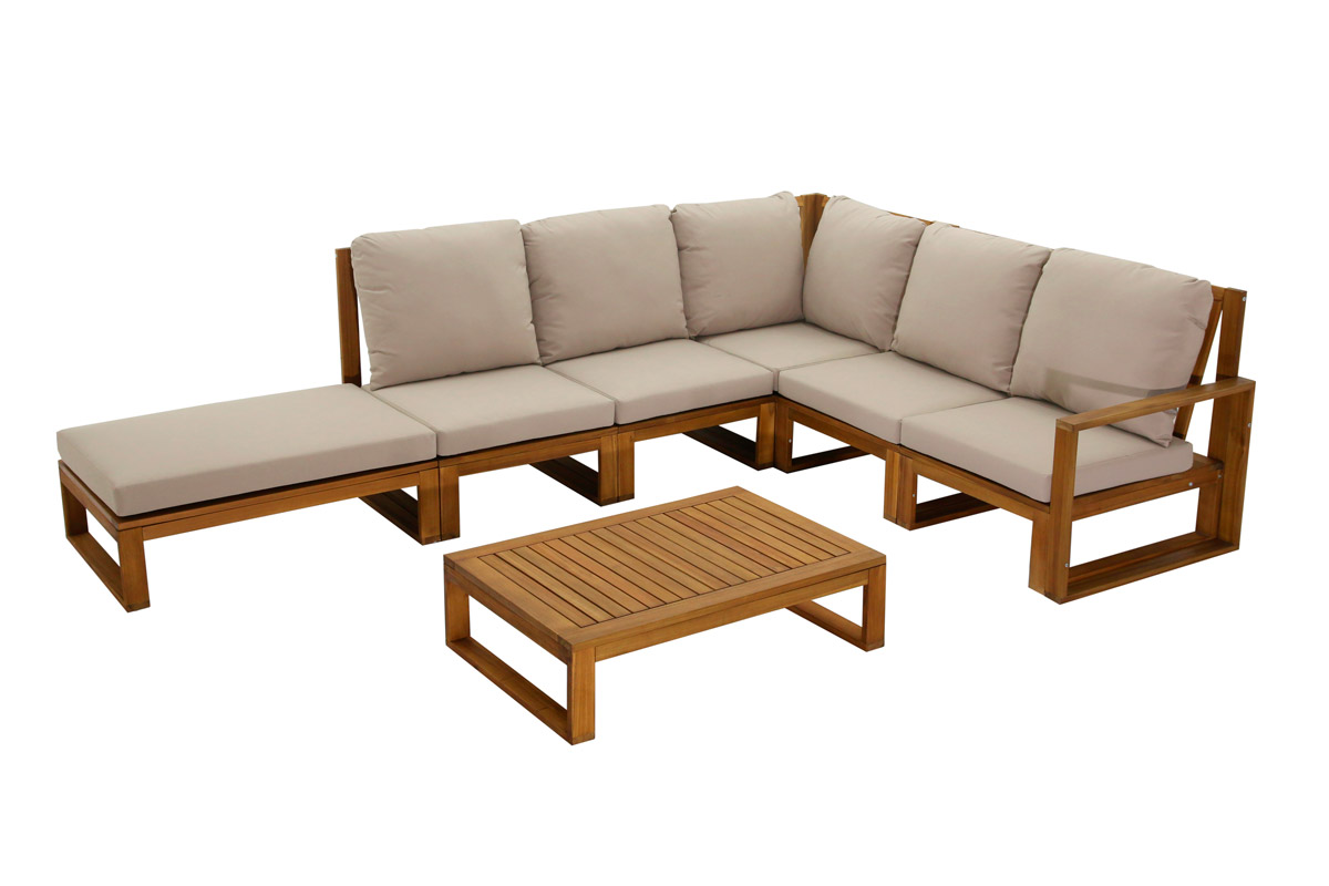 Salon de jardin d'angle 6-8 places en bois massif avec coussins déhoussables taupe SALSA