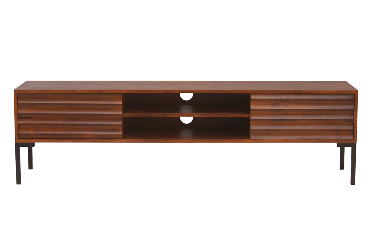 Meuble TV en bois foncé manguier massif et métal noir 2 portes L160 cm ONDA