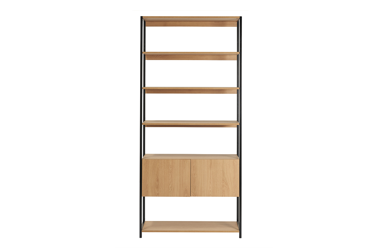 Bibliothèque étagère avec rangement fermé finition bois clair chêne et métal noir L94 cm FLEA