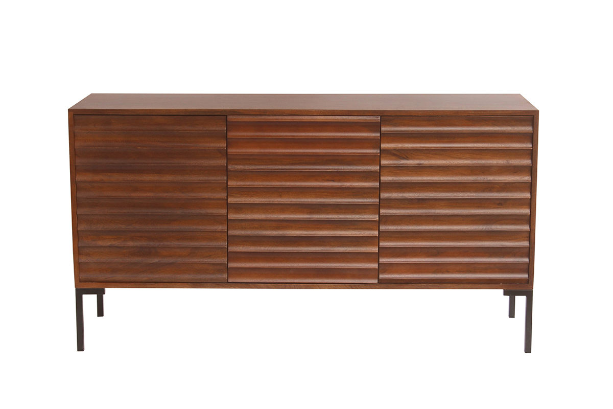 Buffet en bois foncé manguier massif et métal noir 3 portes L140 cm ONDA