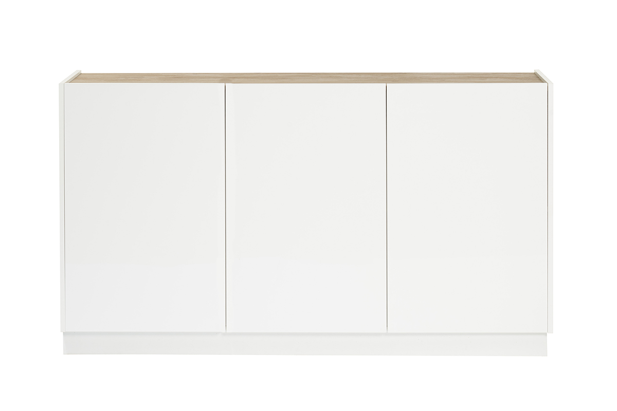Buffet design blanc laqué brillant et bois clair 3 portes L155 cm NELIO