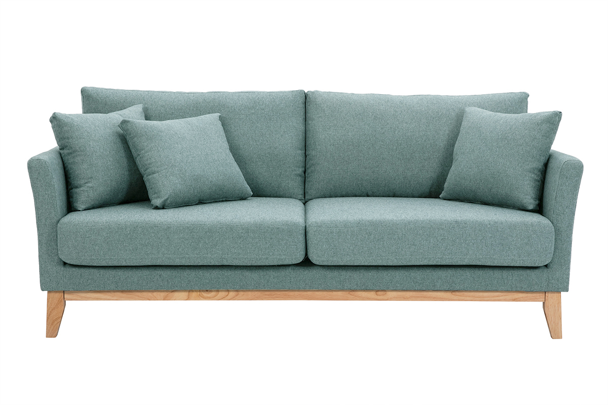 Canapé scandinave déhoussable 3 places en tissu vert de gris et bois clair OSLO