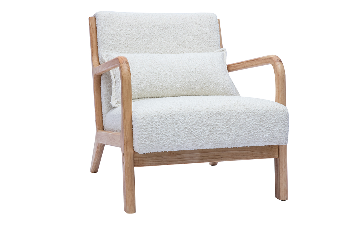 Fauteuil scandinave en tissu effet laine bouclée blanc et bois clair massif DERRY