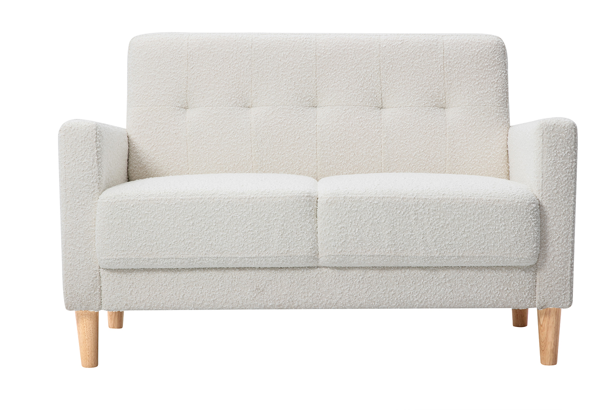 Canapé scandinave 2 places en tissu effet laine bouclée blanc et bois clair MOON