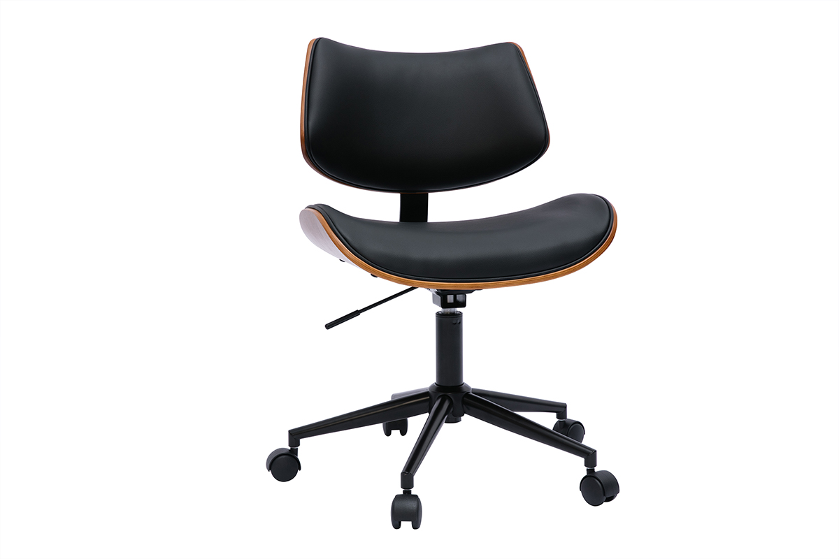 Chaise de bureau à roulettes design noir, bois foncé noyer et métal noir MALMO