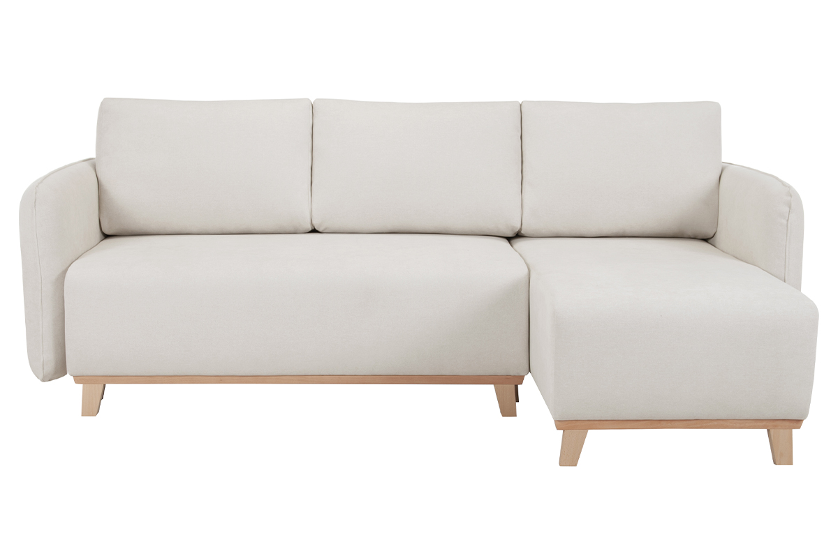 Canapé d'angle convertible et réversible 3-4 places en tissu effet velours beige et bois clair ROMANE