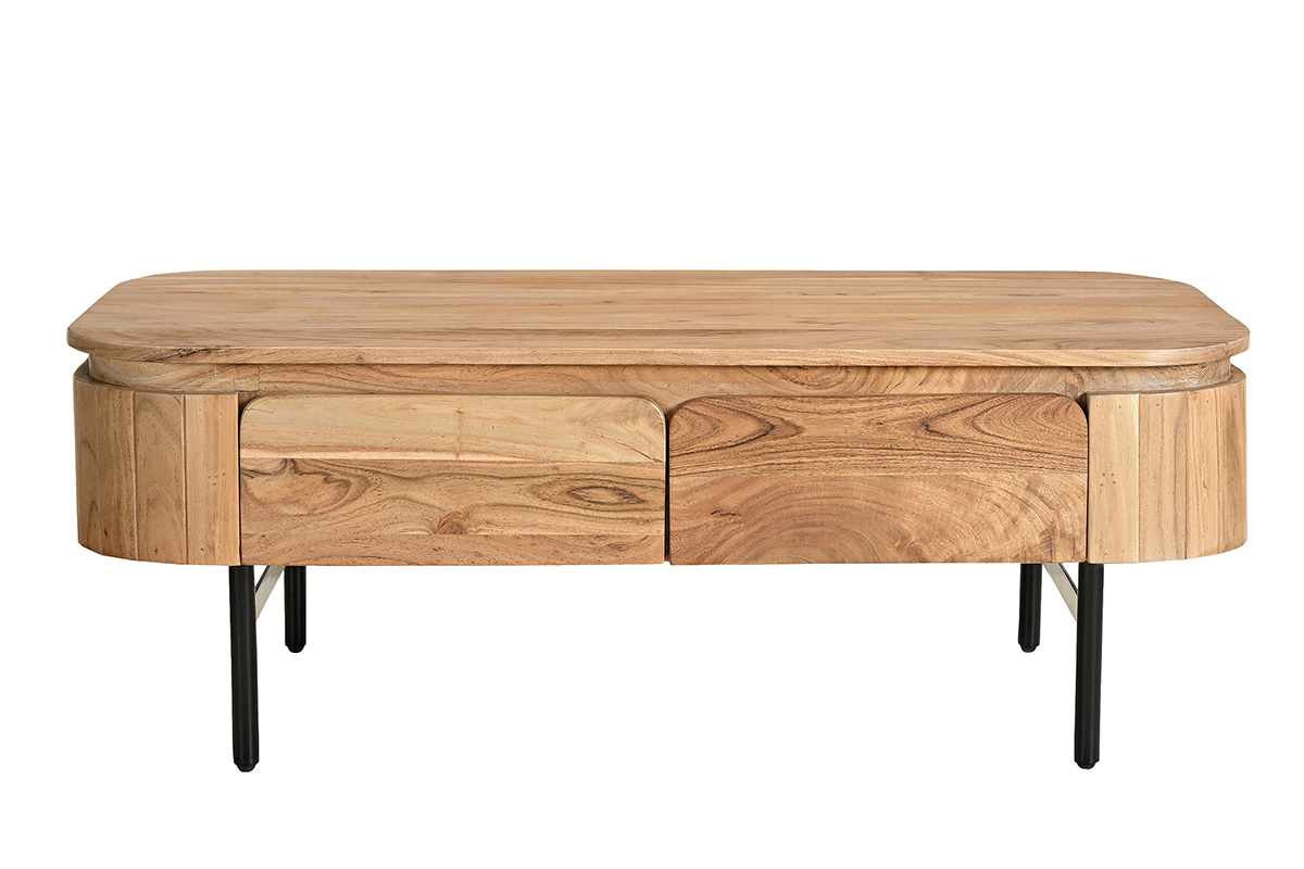 Table basse avec rangements en bois massif et métal noir 4 tiroirs L115 cm NAPOLI