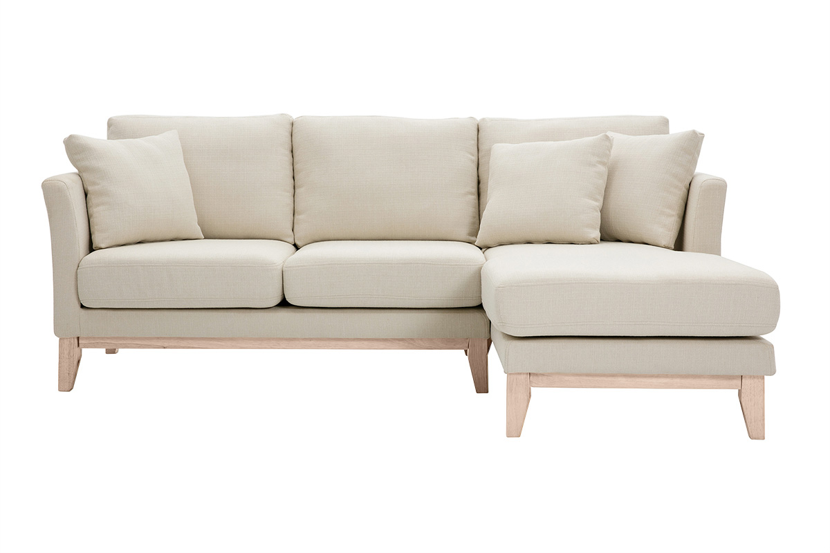 Canapé d'angle droit déhoussable 4 places en tissu beige et bois clair OSLO