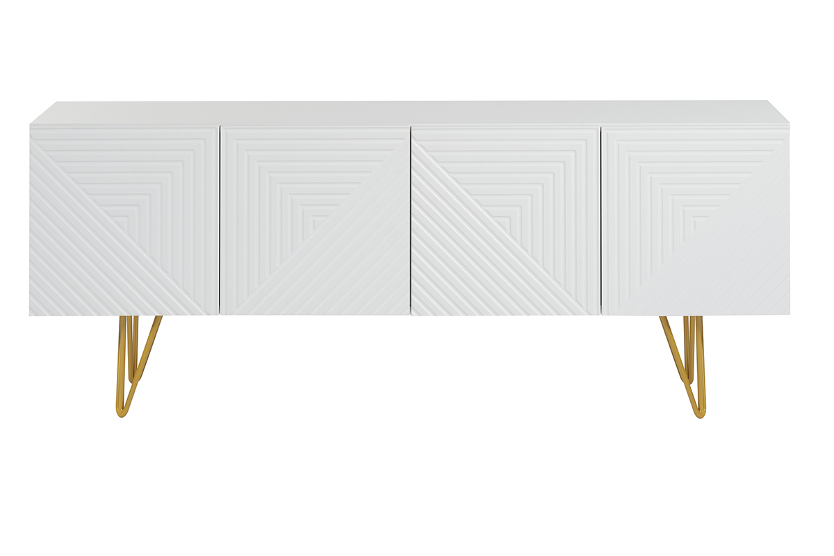 Mueble TV de diseño 140 cm con grabados grabado de metal blanco y dorado OZEN