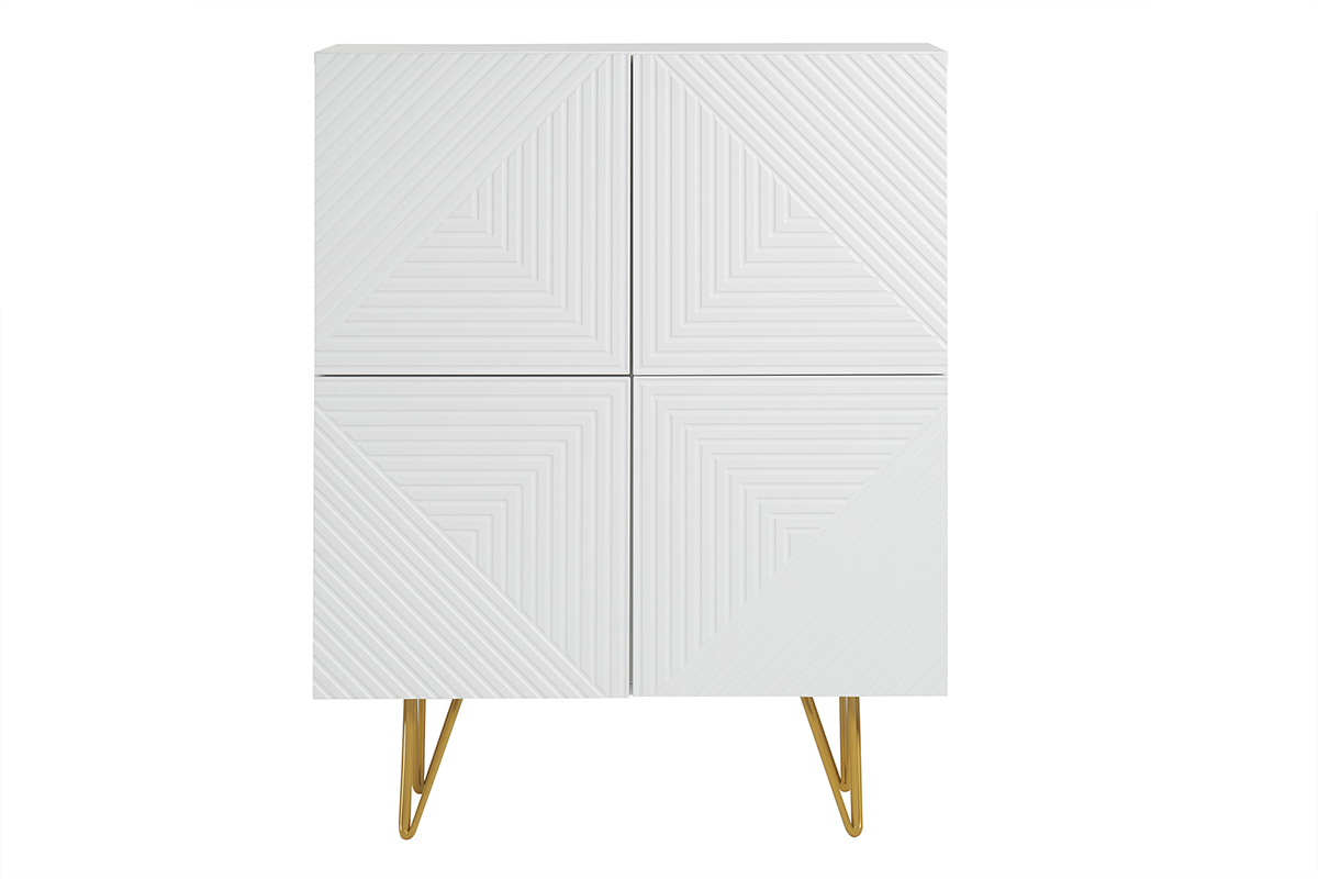 Buffet haut design gravé blanc mat et métal doré 4 portes L86 cm OZEN