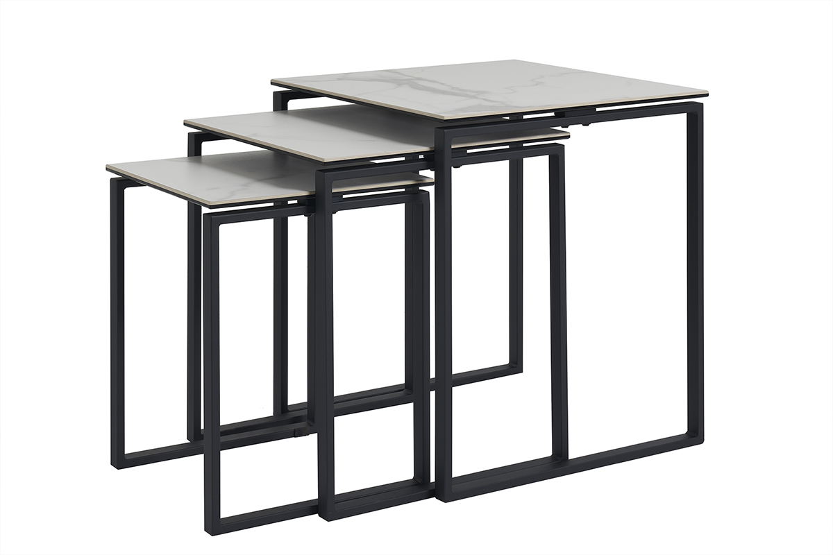 Tables basses gigognes design en céramique effet marbre blanc et métal noir (lot de 3) STRESA