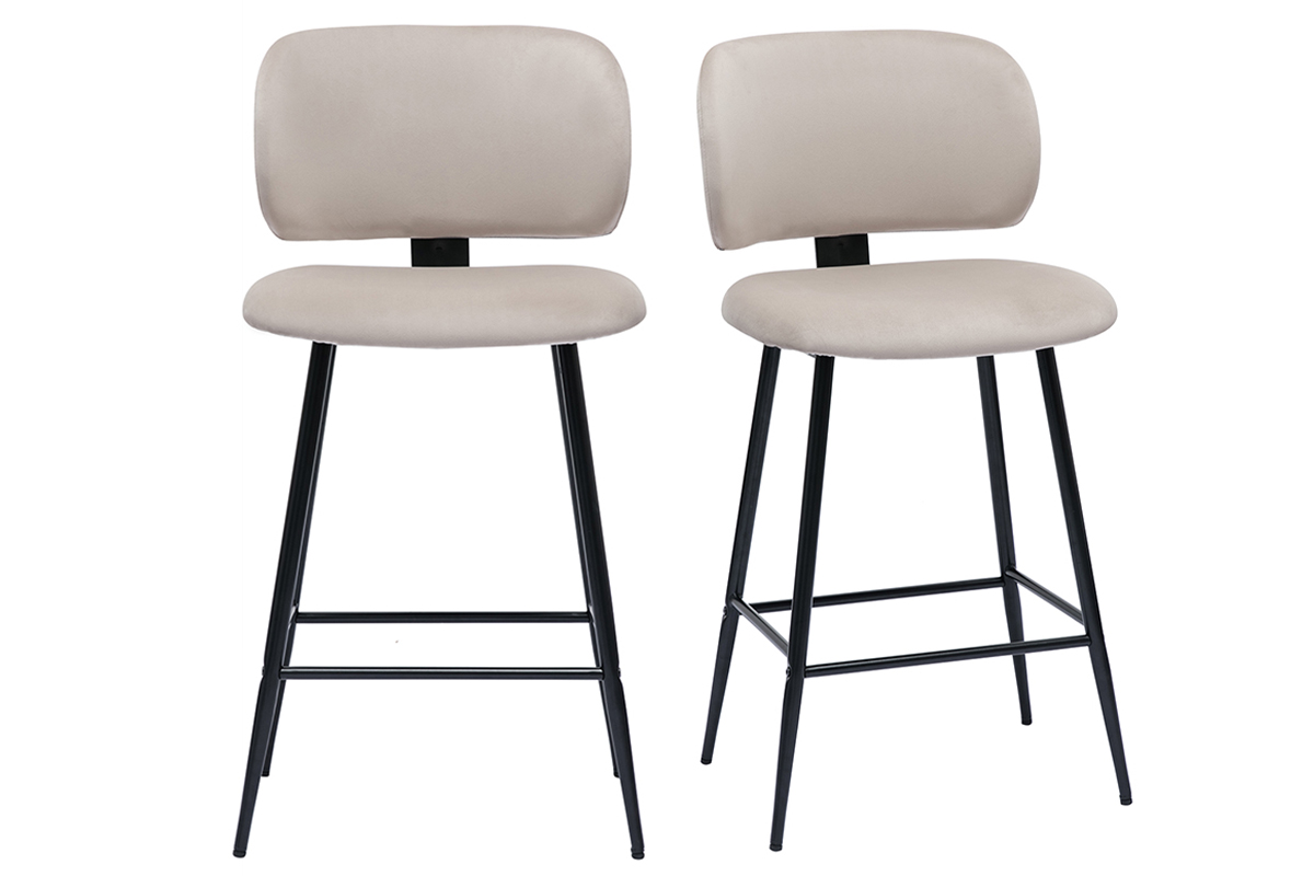Barhocker aus taupefarbenem Samtstoff und schwarzem Metall H70 cm (2er-Set) ATRIUM