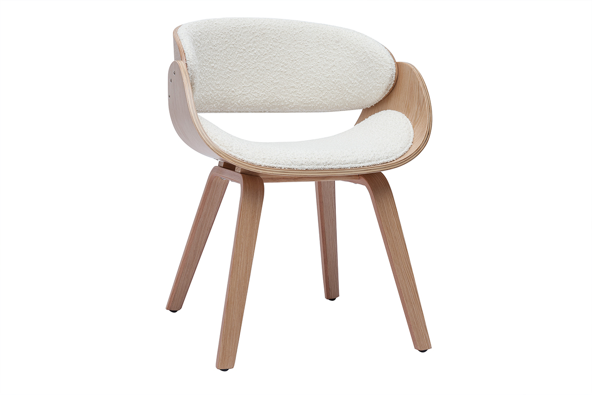 Chaise design en tissu effet laine bouclée blanc et bois clair BENT