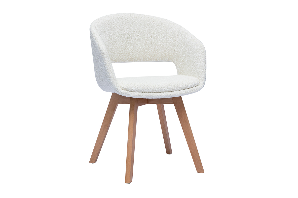 Chaise scandinave en tissu effet laine bouclée blanc et bois clair massif PRISMA