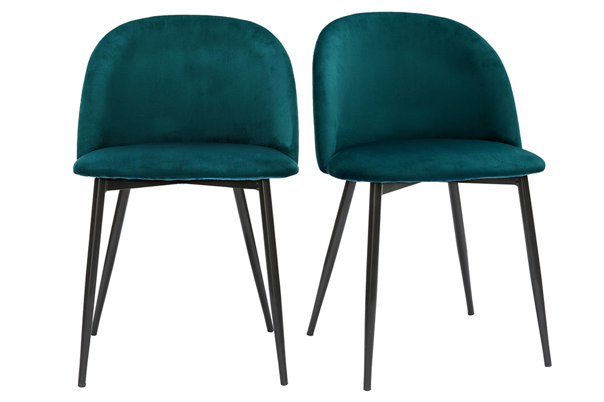 Design-Stühle aus petrolblauem Samtstoff und schwarzem Metall (2er-Set) CELESTE