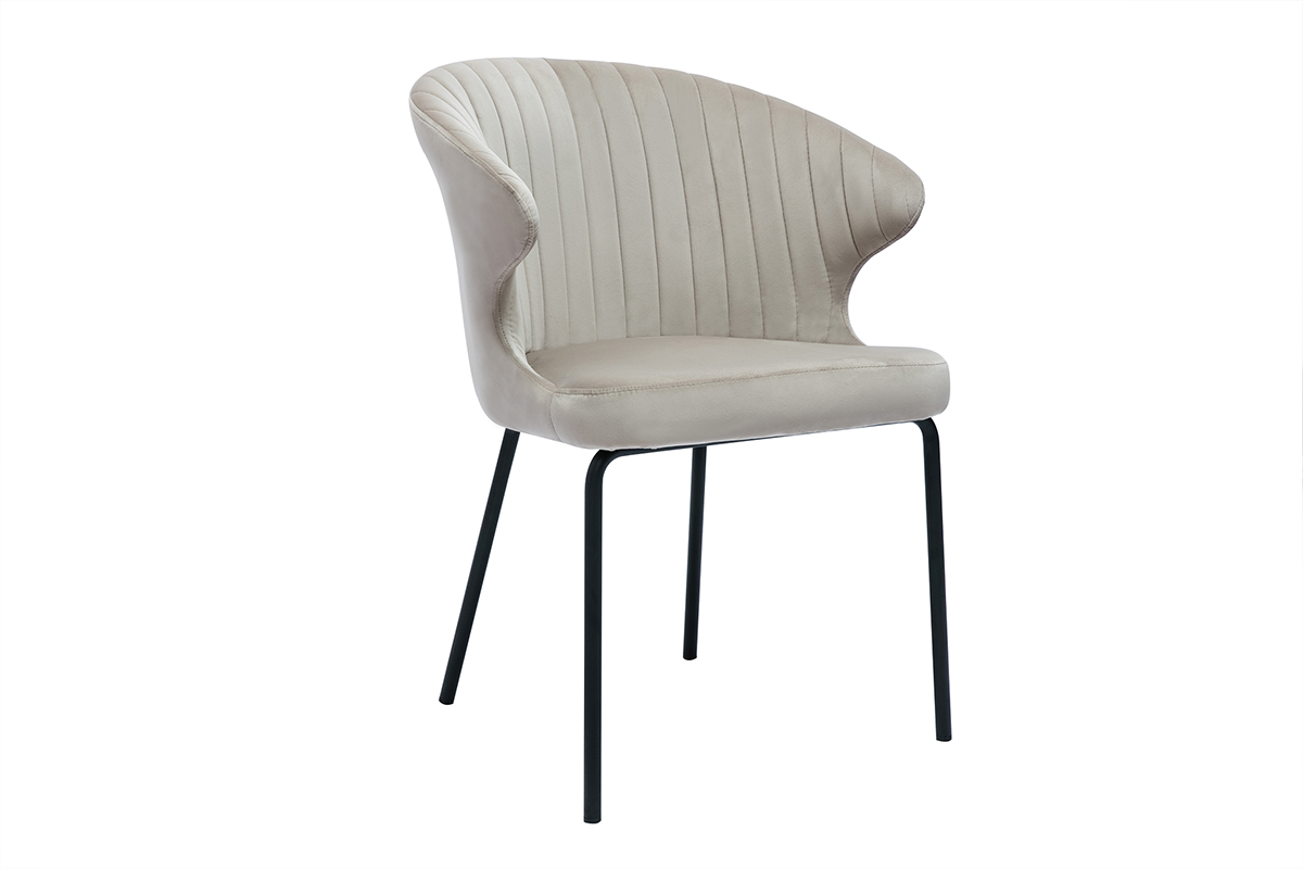 Chaise design en tissu velours gaufré taupe et métal noir REQUIEM