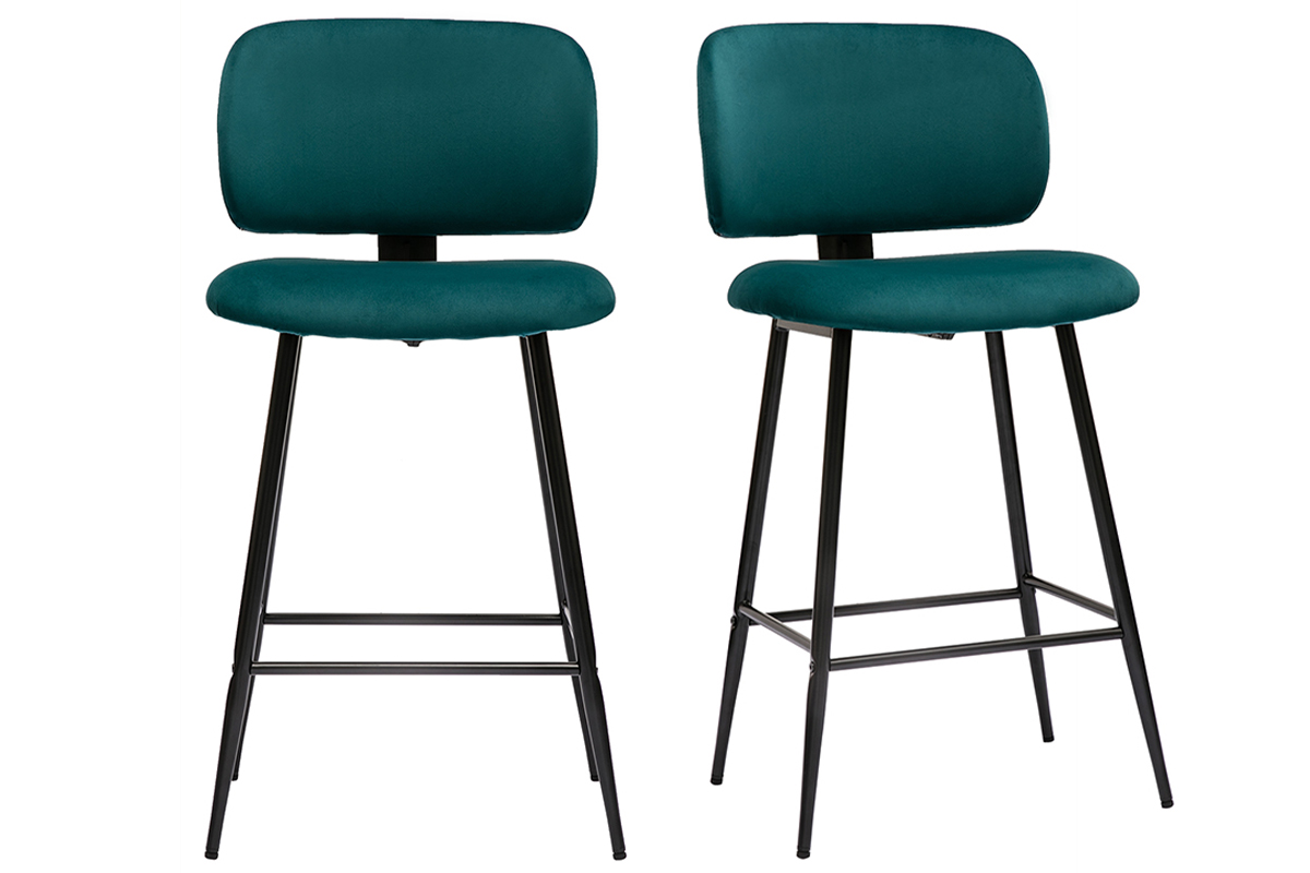 Tabourets de bar en tissu velours bleu pétrole et métal noir H70 cm (lot de 2) ATRIUM