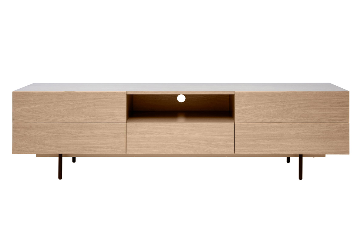 Meuble TV design avec rangements finition bois clair chêne et métal noir L180 cm ALASKA