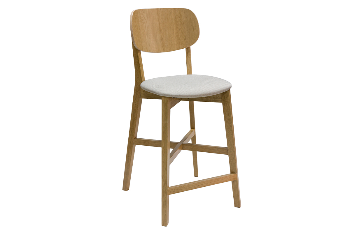 Tabouret de bar en bois clair chêne massif et tissu beige H65 cm LUCIA