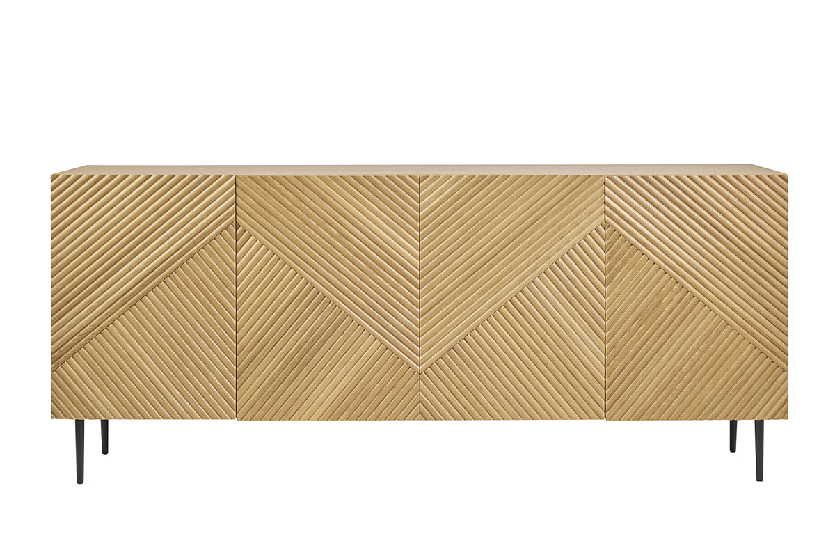 Buffet design en bois clair chêne massif gravé et métal noir 4 portes L180 cm ARCHIPEL