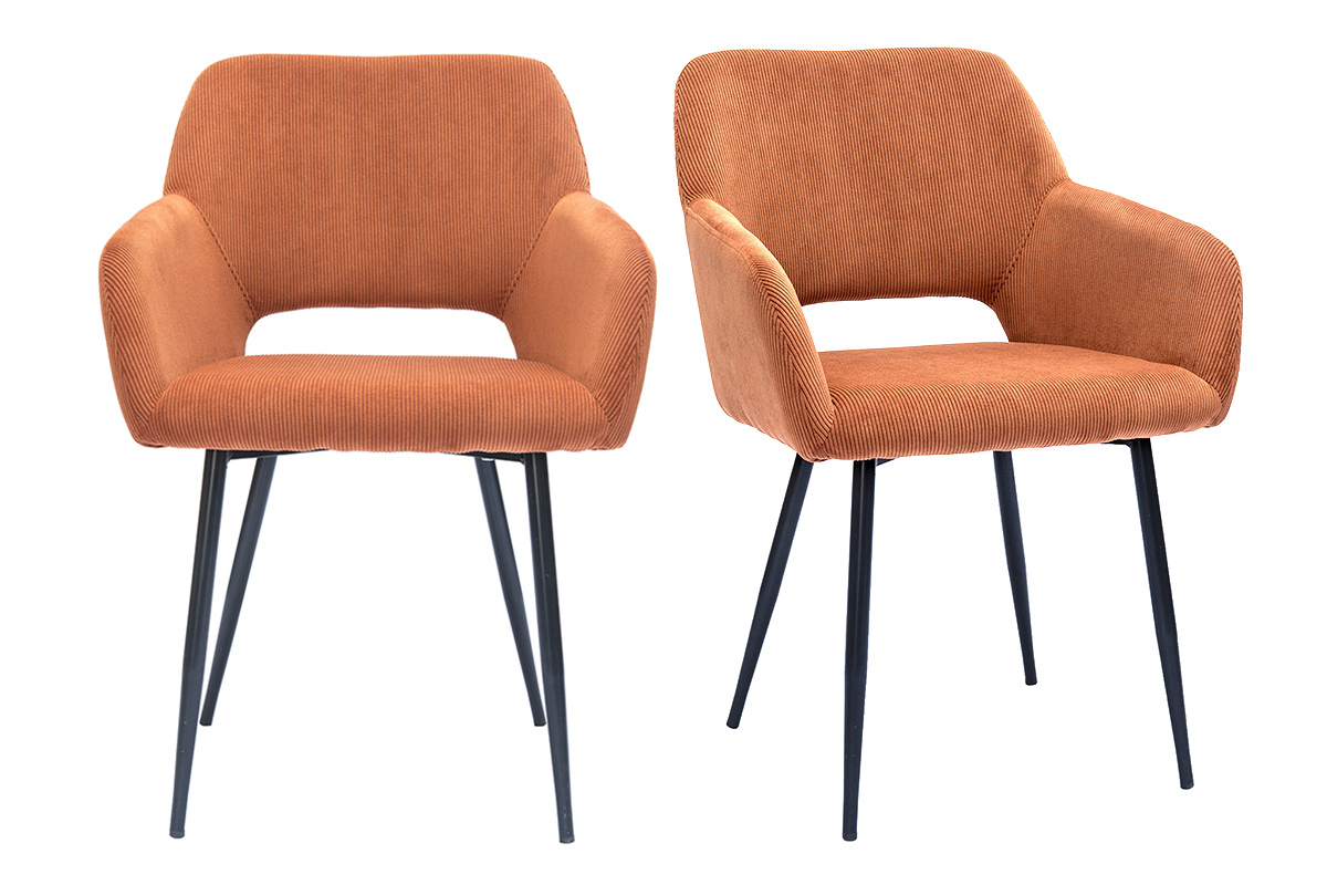 Chaises en tissu velours côtelé terre brûlée et métal noir (lot de 2) LAURETTE