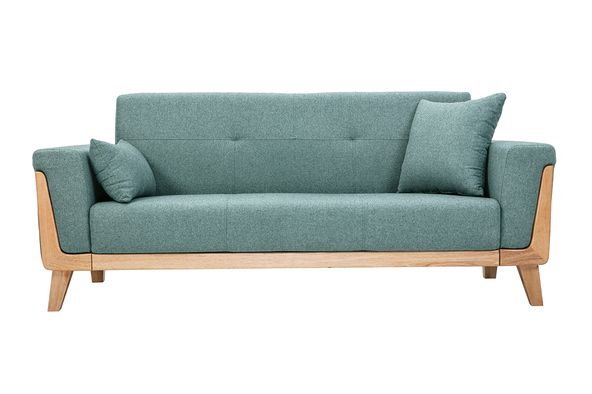Canapé scandinave 3 places en tissu vert de gris et bois clair FJORD
