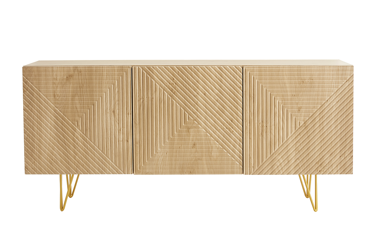 Buffet design gravé finition bois clair chêne et métal doré 3 portes L160 cm OZEN