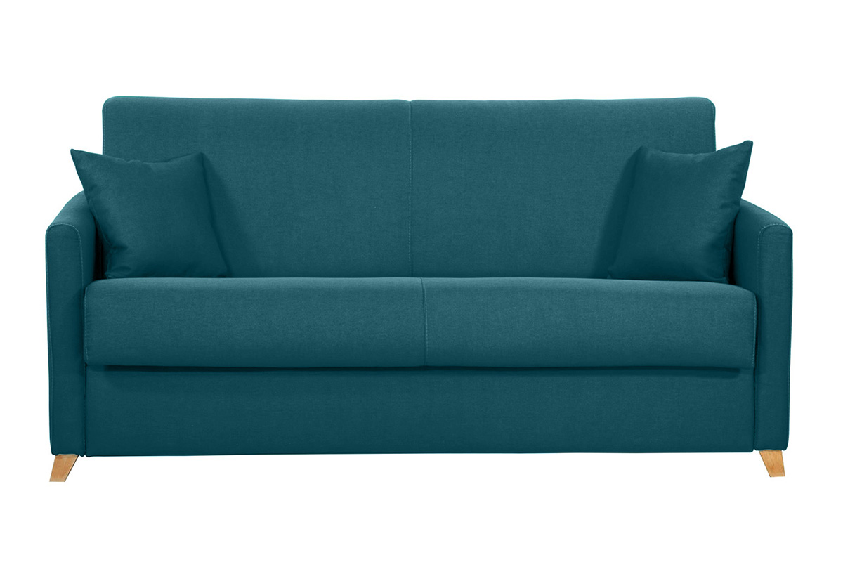 Canapé convertible 3 places en tissu bleu canard et bois clair avec matelas 18 cm SKANDY