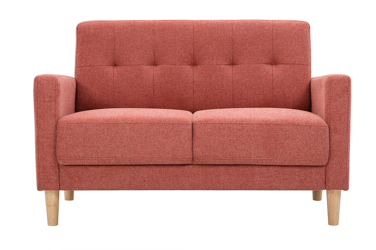 Sofá nórdico 2 plazas de tejido efecto aterciopelado texturizado terracota y madera clara MOON