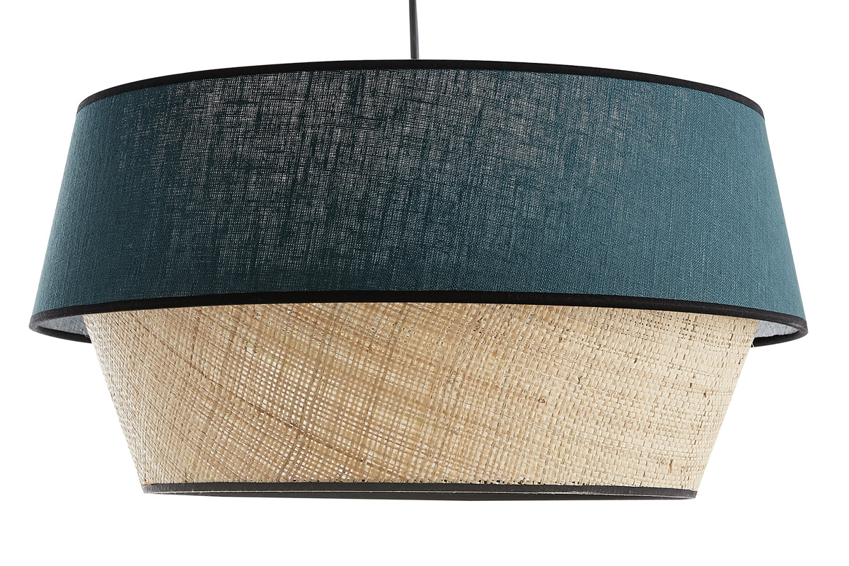 Suspension design bi-matière en lin bleu et rabane naturelle D45 cm SENSA
