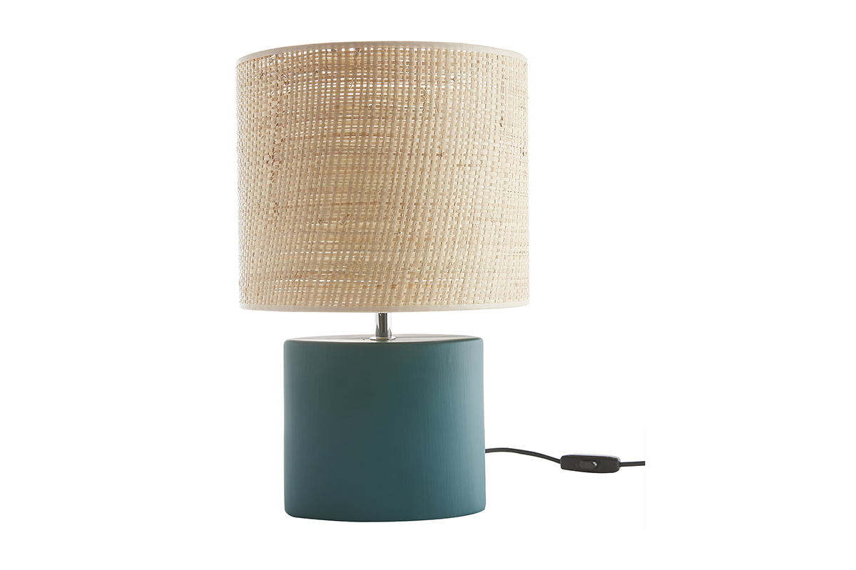 Lampe à poser en céramique bleu pétrole mat et abat-jour en raphia naturel H40 cm TIGA