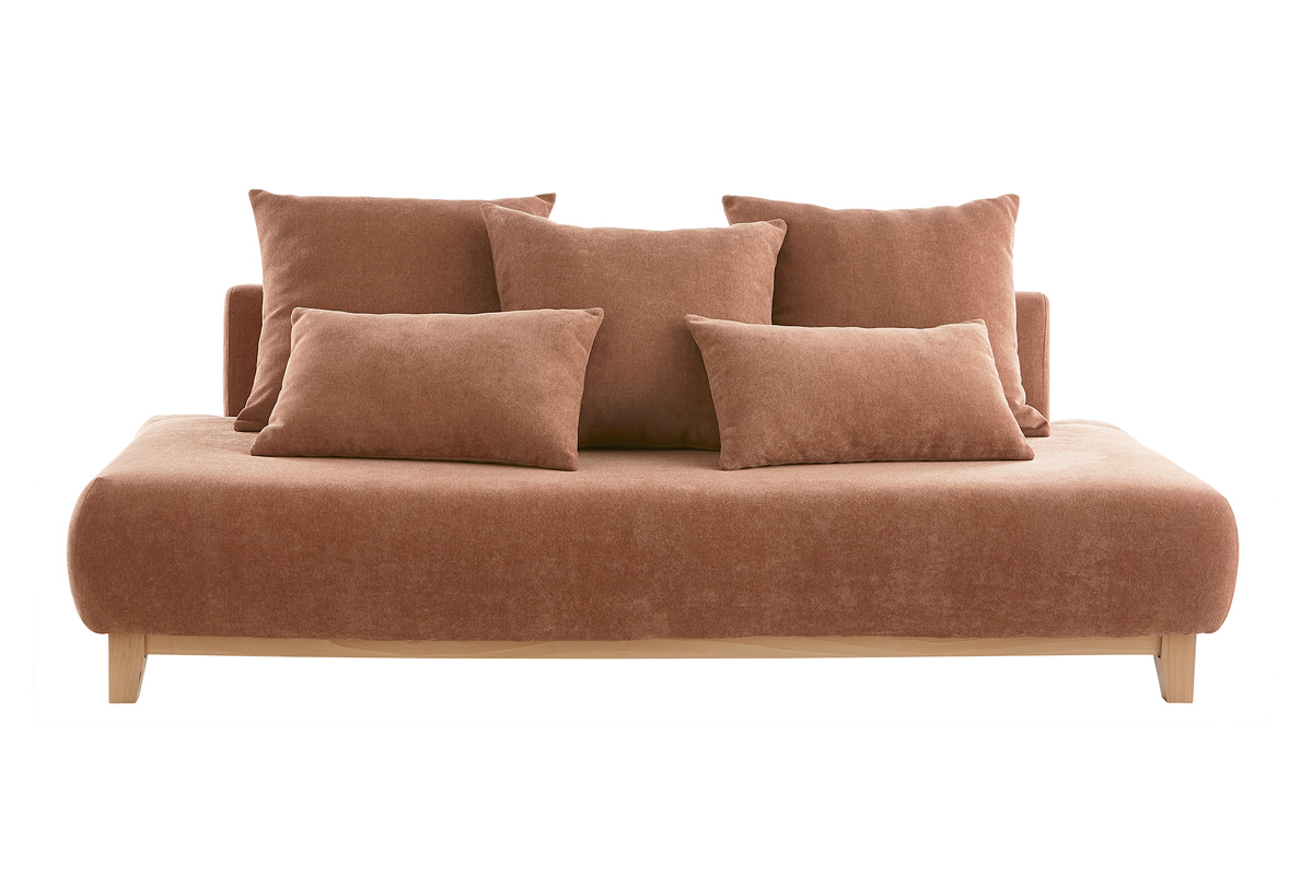 Canapé 3 places en tissu effet velours texturé terre brûlée et bois clair L200 cm ODEON