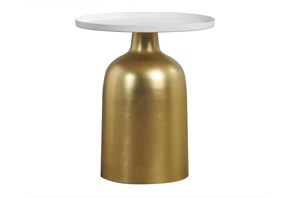 Table d'appoint design ronde en métal doré et plateau blanc mat RAMSES