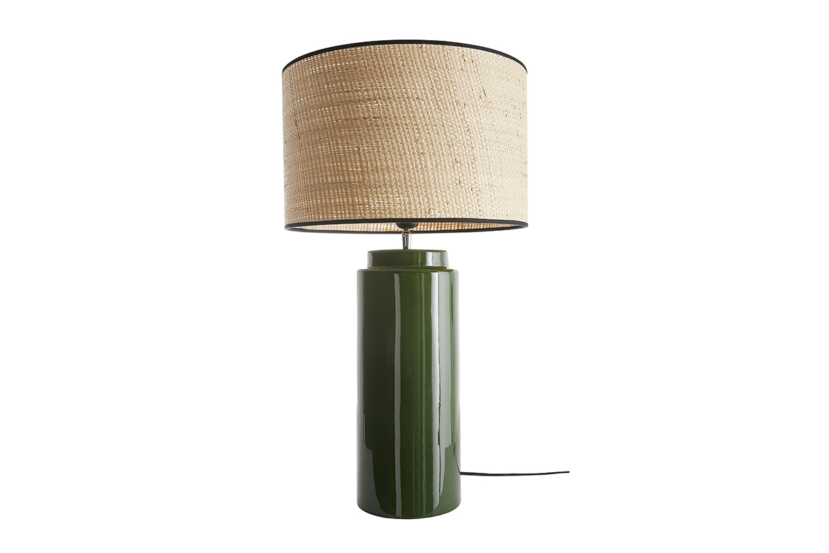 Lampe à poser en céramique émaillée verte et abat-jour en raphia naturel H64 cm MAJES
